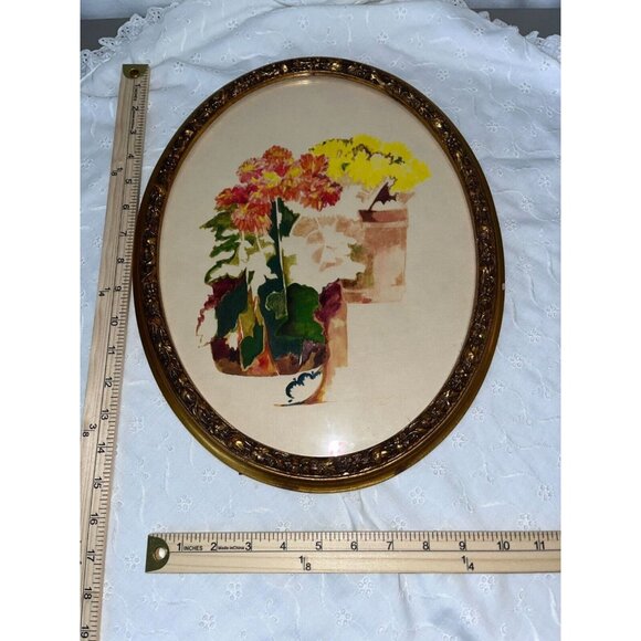 Vintage Oval Floral Watercolor Flower Pots on Steps In Ornate Gold Frame - Picture 8 of 12